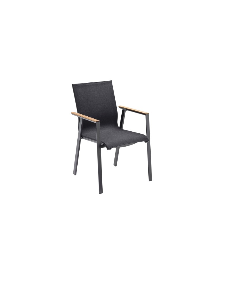Stapelbare tuinstoel in antraciet aluminium met teak armleuning