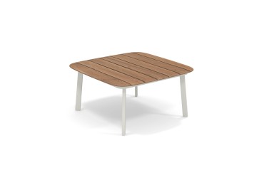 Shine koffietafel van wit aluminium met teak tafelblad